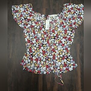 Francesca's Collections Floral Print Blouse - Black, Red, Yellow